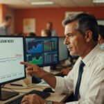 Profissional analisando gráfico do EMBI LATAM Index em monitor, mostrando evolução de 306 bps, mercado financeiro