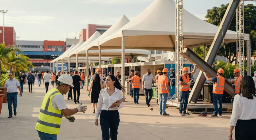 Evento corporativo ao ar livre com profissionais em coletes laranja, tendas brancas e estruturas industriais economia