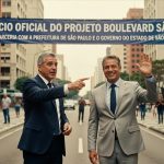 Dois executivos em cerimônia oficial com faixa anunciando Projeto Boulevard São João em parceria com prefeitura paulista