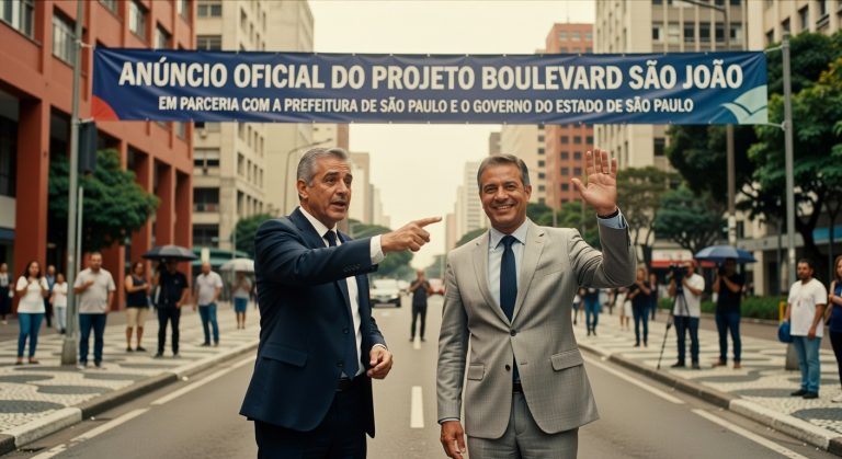 Dois executivos em cerimônia oficial com faixa anunciando Projeto Boulevard São João em parceria com prefeitura paulista