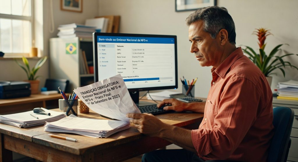 Homem de camisa laranja segura documento sobre transição obrigatória da NFS-e enquanto usa computador com emissor nacional