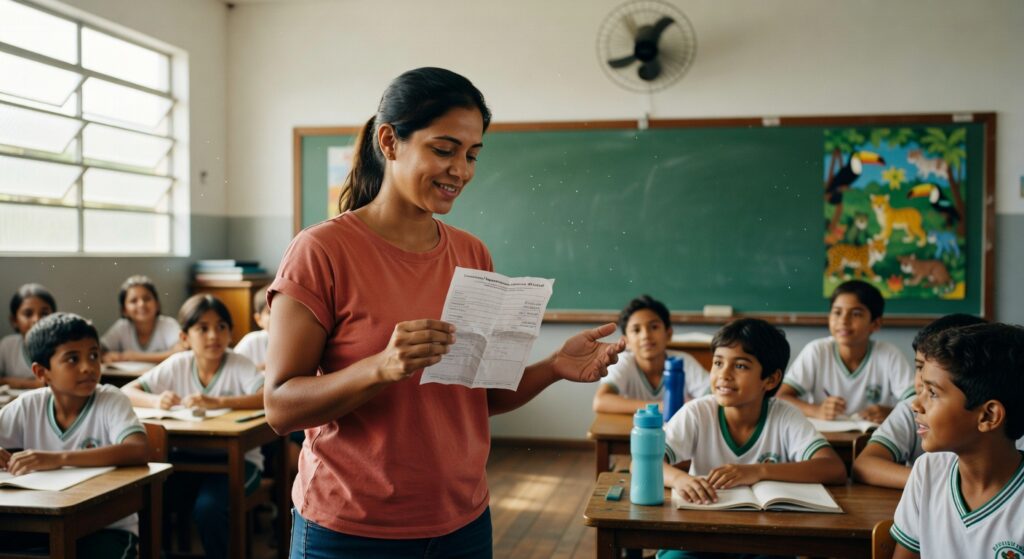 Professora segurando documento em sala de aula com estudantes uniformizados, educação pública salário docente