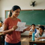 Professora segurando documento em sala de aula com estudantes uniformizados, educação pública salário docente