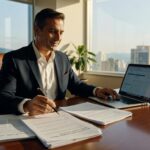 Homem de terno trabalhando em escritório corporativo com laptop e documentos, vista panorâmica cidade, gestão financeira