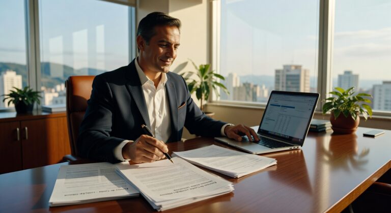 Homem de terno trabalhando em escritório corporativo com laptop e documentos, vista panorâmica cidade, gestão financeira