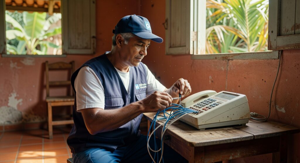 Técnico uniformizado fazendo manutenção em telefone fixo antigo sobre mesa de madeira, telecomunicações Brasil