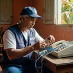 Técnico uniformizado fazendo manutenção em telefone fixo antigo sobre mesa de madeira, telecomunicações Brasil