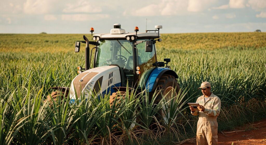 Trator agrícola moderno operando em plantação de cana-de-açúcar com trabalhador usando tablet, agronegócio tecnologia
