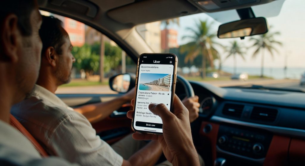 Homem no carro segurando celular com aplicativo Uber mostrando opções de hospedagem e hotéis, economia digital