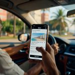 Homem no carro segurando celular com aplicativo Uber mostrando opções de hospedagem e hotéis, economia digital