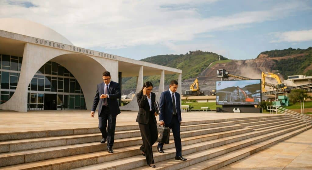 Três advogados de terno descendo escadaria do STF com pastas, negócios corporativos mineração