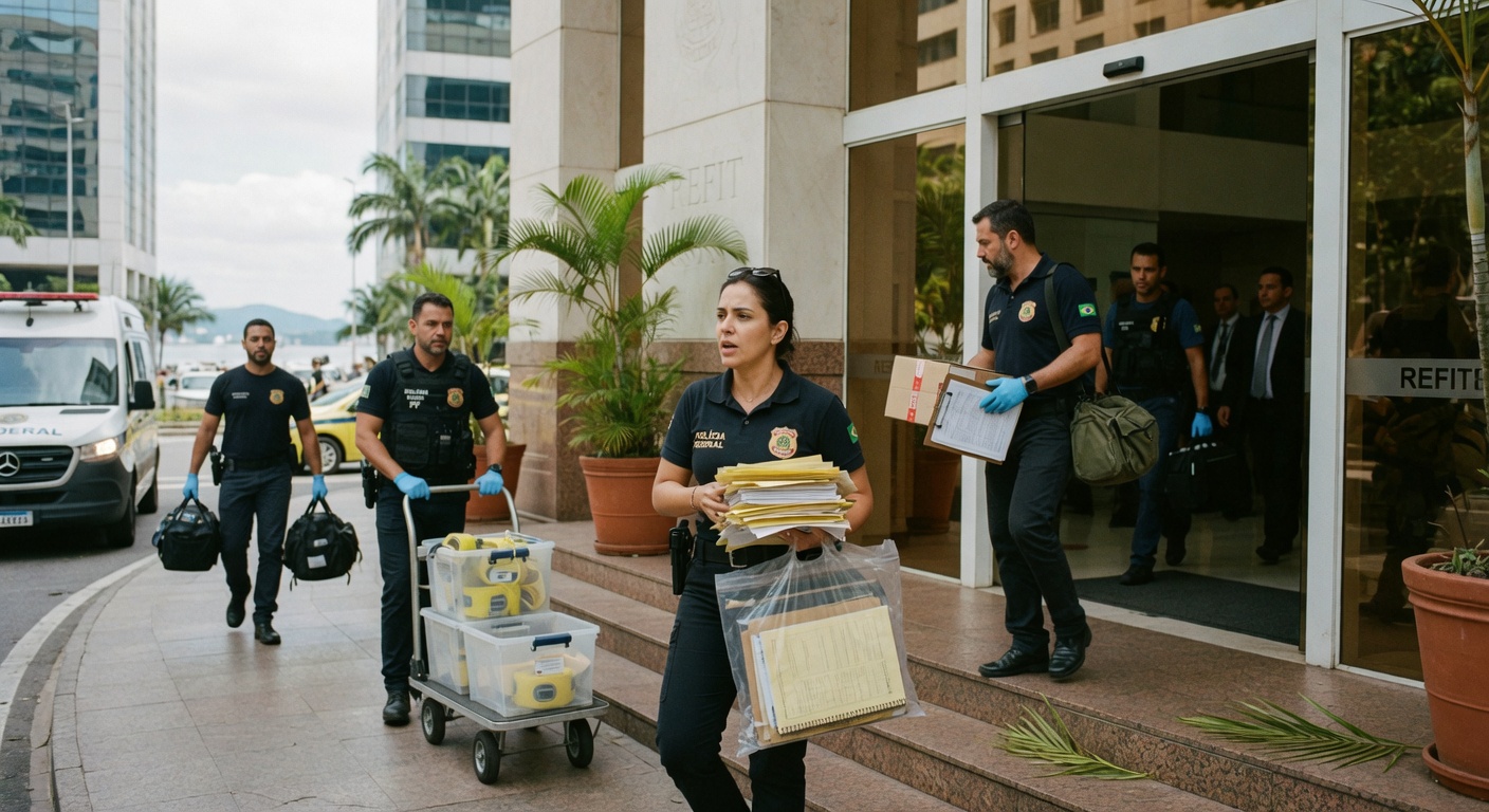Agentes da Polícia Federal carregam caixas e documentos em operação investigativa, compliance corporativo