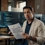Executivo em escritório moderno segura documento sobre integração de Bitcoin como garantia em protocolos DeFi, com computadores ao fundo