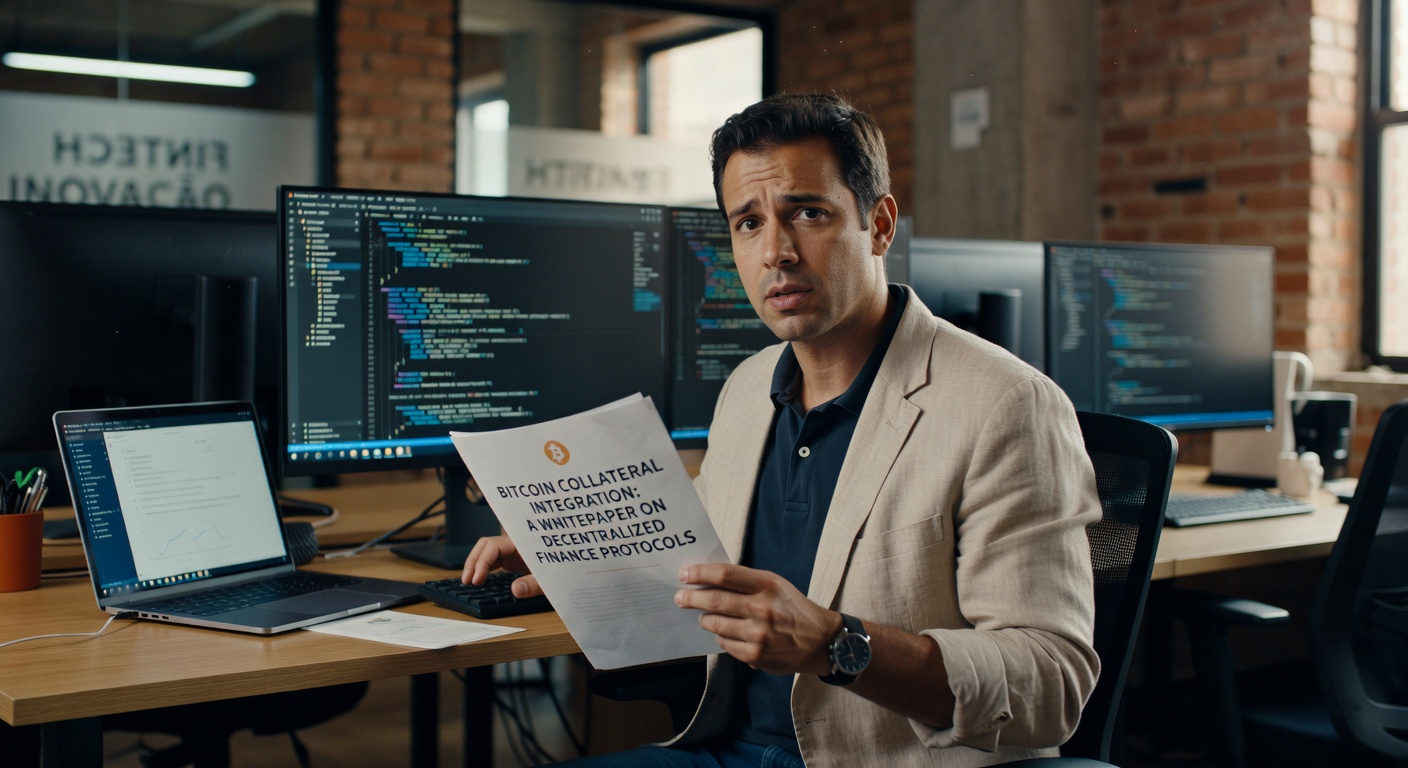 Executivo em escritório moderno segura documento sobre integração de Bitcoin como garantia em protocolos DeFi, com computadores ao fundo