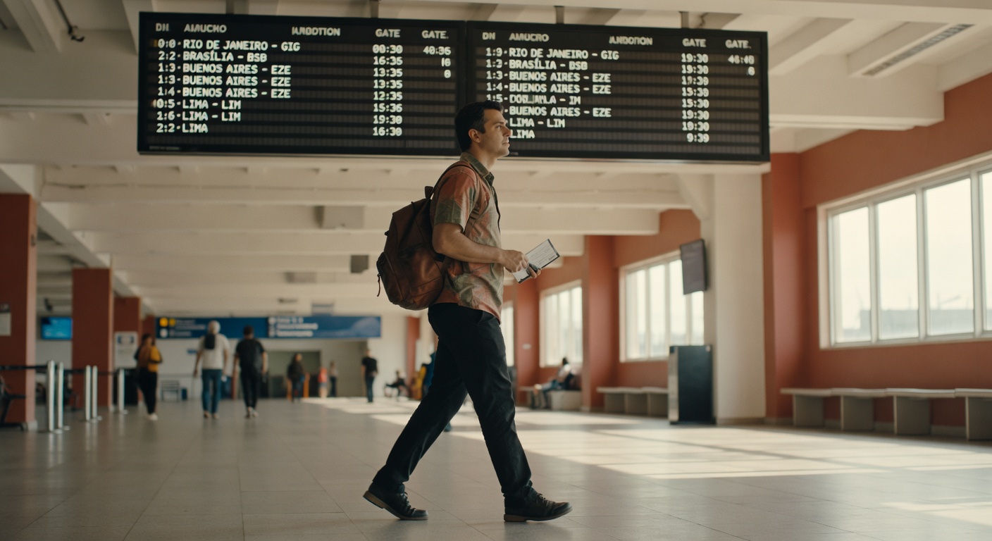 Homem caminhando em terminal aeroportuário observando painel de voos com destinos nacionais e internacionais aviação