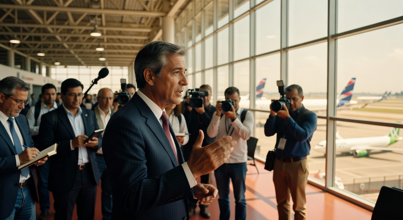 Executivo de terno dando entrevista coletiva em terminal aeroportuário com jornalistas e aviões ao fundo setor aviação