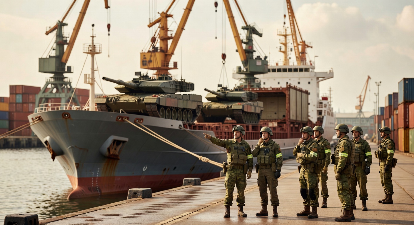 Soldados militares em formação ao lado de navio cargueiro com tanques de guerra em porto comercial infraestrutura defesa
