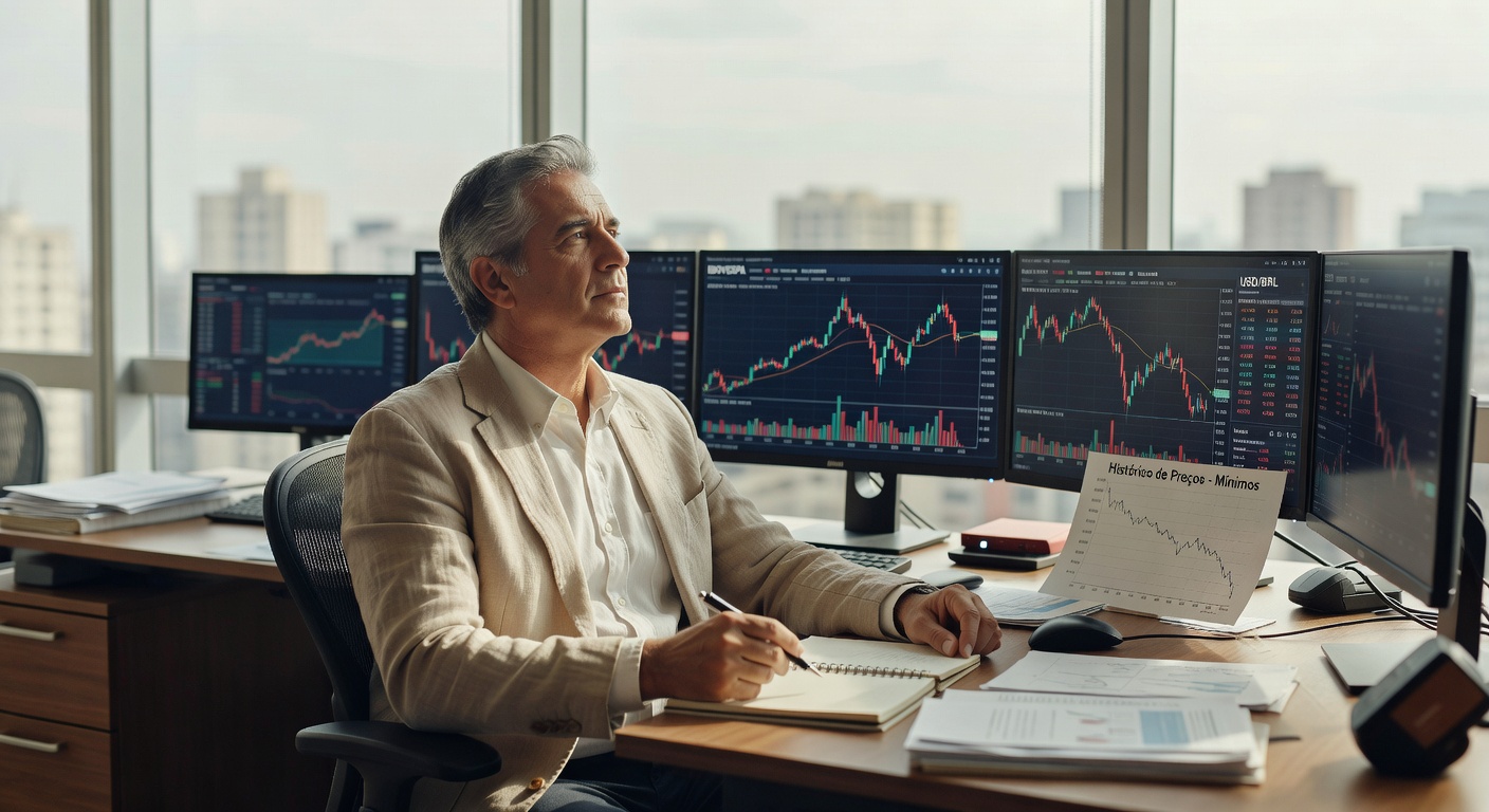 Analista financeiro sênior em escritório observando múltiplos monitores com gráficos de trading e análise técnica