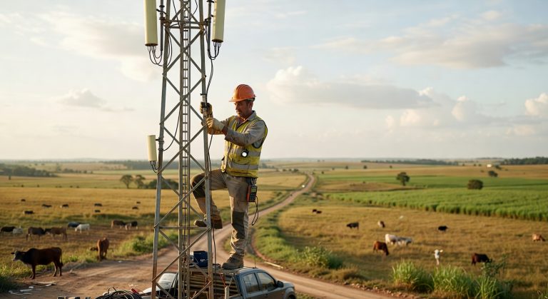 Técnico instalando equipamentos em torre de telecomunicações em área rural com gado pastando infraestrutura 4G