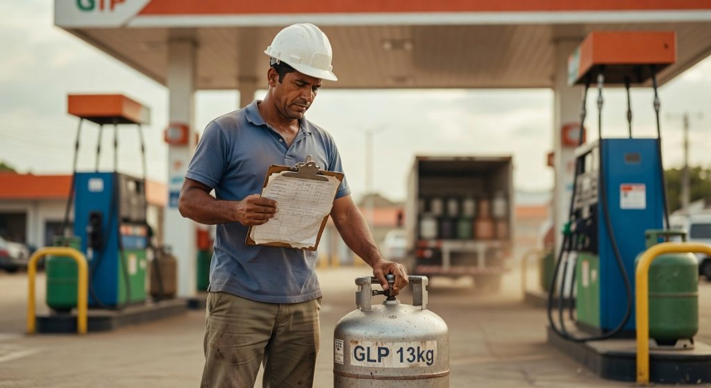 Trabalhador com capacete branco segura botijão de GLP 13kg e prancheta em posto de combustível, subsídio energia