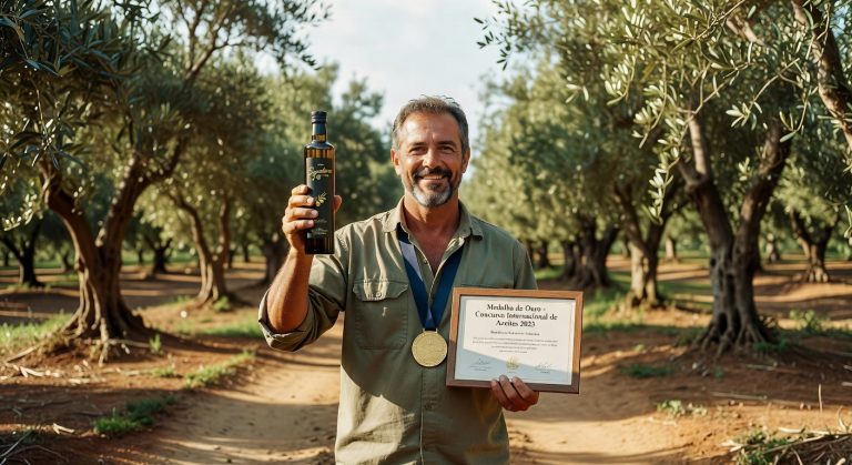 Produtor sorridente segura garrafa de azeite e certificado de medalha de ouro em concurso internacional, agronegócio