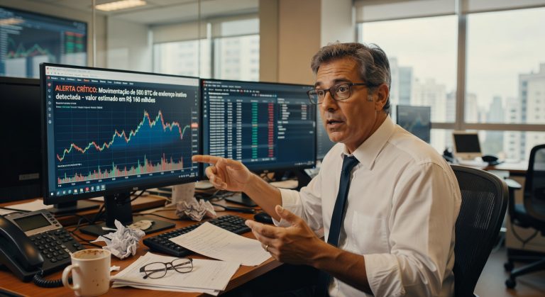 Analista financeiro em escritório apontando para monitor com alerta crítico sobre movimentação de Bitcoin criptomoedas