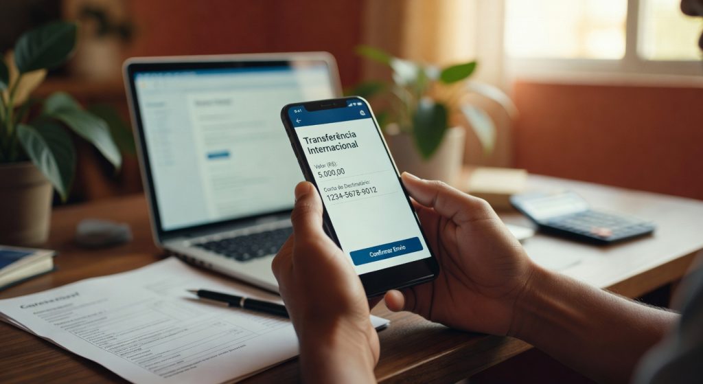 Pessoa usando smartphone para fazer transferência internacional de R$ 5.000,00, banking digital, fintech