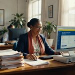 Funcionária trabalhando em computador com documentos empilhados na mesa em escritório, digitalização bancária