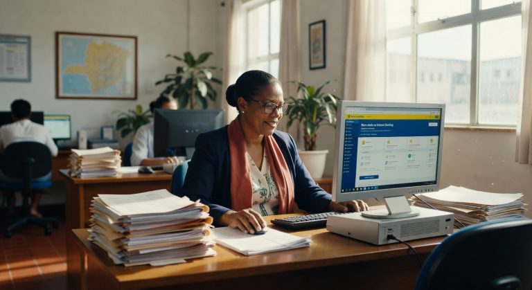 Funcionária trabalhando em computador com documentos empilhados na mesa em escritório, digitalização bancária
