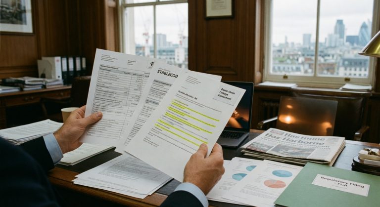 Homem de terno revisa documentos e relatórios financeiros em escritório com laptop, destacando texto em amarelo