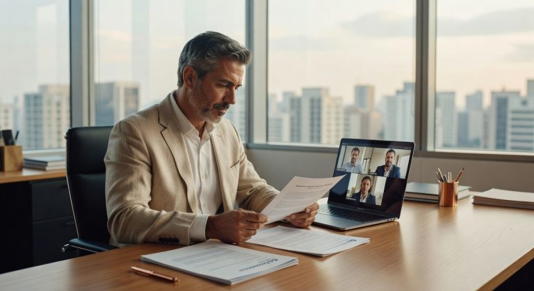 Empresário de terno bege em reunião virtual por laptop com três participantes na tela, documentos sobre mesa negócios