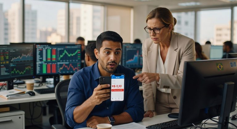 Dois profissionais em escritório observando smartphone com aplicativo Revolut mostrando Bitcoin a R$ 0,10, mercado financeiro