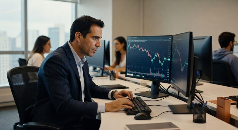 Profissional de terno analisando gráficos de trading em múltiplas telas de computador em escritório moderno mercado financeiro