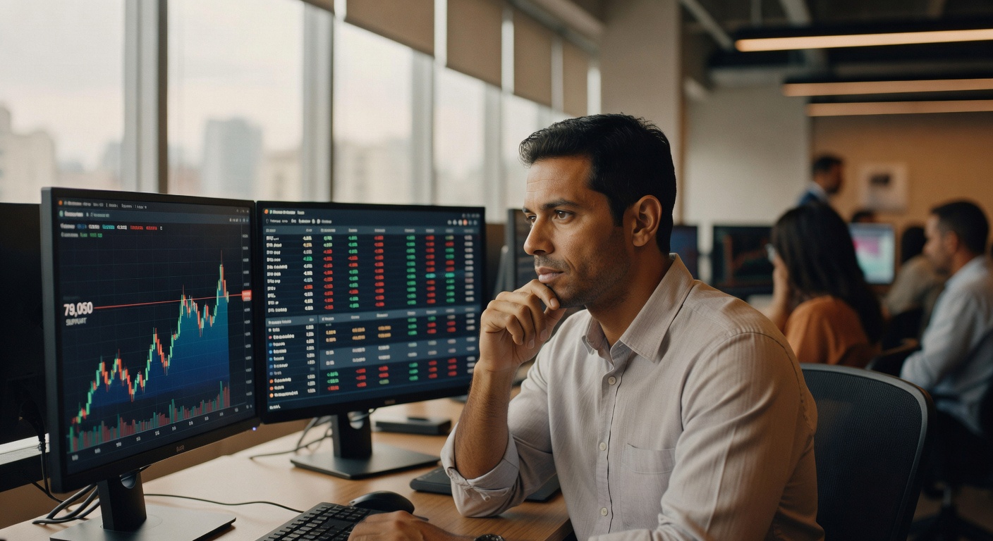 Profissional em escritório observando monitores com gráficos financeiros e dados de trading de bitcoin e criptomoedas