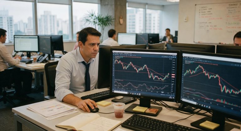 Profissional em escritório analisando gráficos de trading em múltiplos monitores com candlesticks mercado financeiro