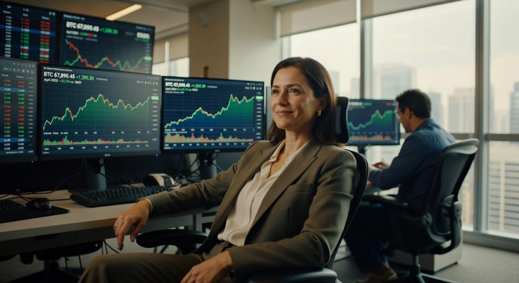 Profissional feminina de terno observa monitores com gráficos de Bitcoin e criptomoedas em ambiente corporativo trading