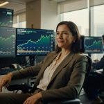 Profissional feminina de terno observa monitores com gráficos de Bitcoin e criptomoedas em ambiente corporativo trading