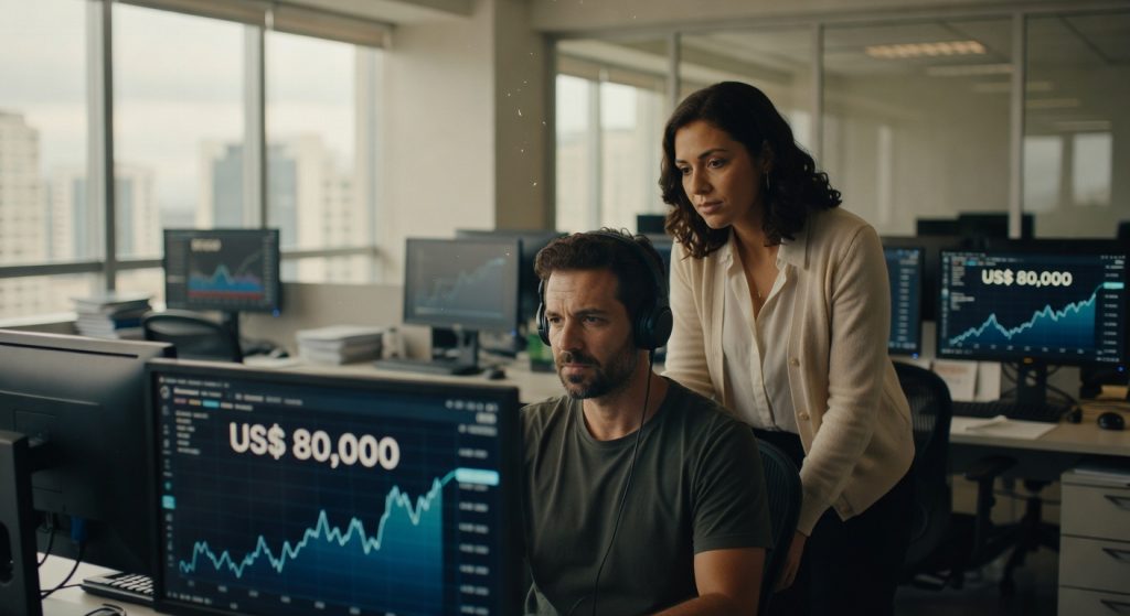 Dois profissionais em escritório observando monitor com gráfico financeiro mostrando US$ 80.000, trading, mercado financeiro