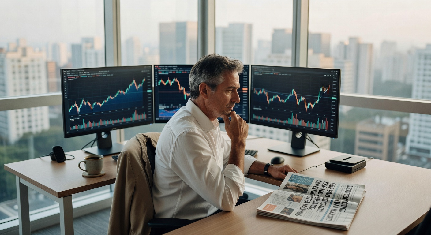 Homem de camisa branca analisa gráficos de trading em múltiplos monitores em escritório moderno, mercado financeiro