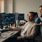 Homem e mulher executivos observando múltiplos monitores com gráficos de trading e análise de mercado financeiro