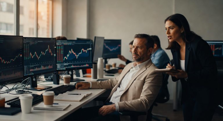 Homem e mulher executivos observando múltiplos monitores com gráficos de trading e análise de mercado financeiro