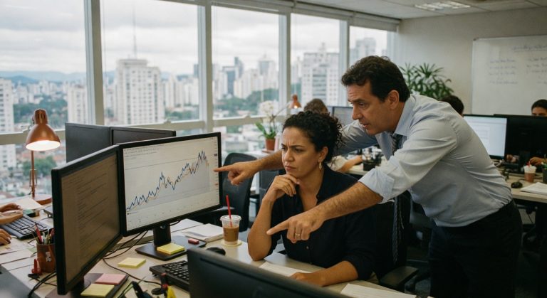 Dois profissionais analisando gráficos de alta em monitor de computador em escritório corporativo, mercado financeiro trading