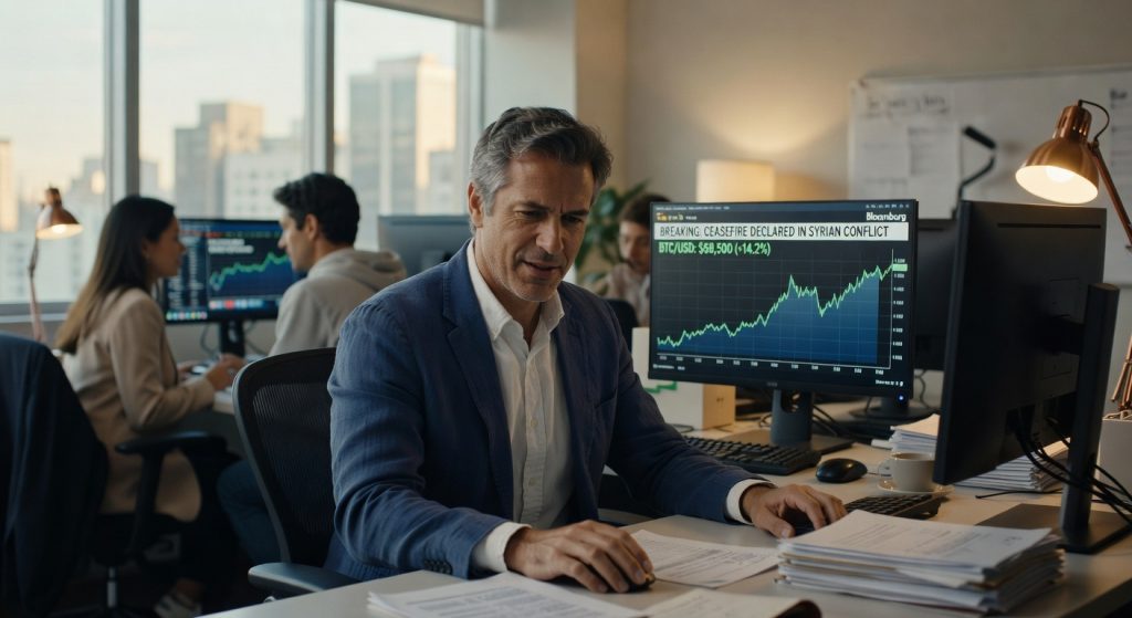 Executivo em terno azul analisa gráficos financeiros em monitor Bloomberg mostrando alta do Bitcoin mercado criptomoedas