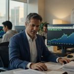 Executivo em terno azul analisa gráficos financeiros em monitor Bloomberg mostrando alta do Bitcoin mercado criptomoedas