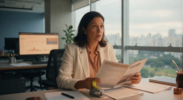 Executiva de terno bege lendo documentos em escritório corporativo com vista urbana, investimentos financeiros