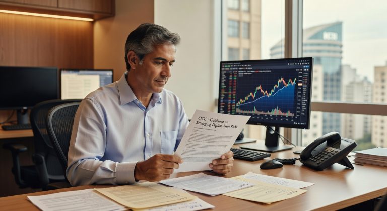 Executivo de cabelos grisalhos lendo documento OCC sobre riscos de ativos digitais emergentes em escritório com gráficos