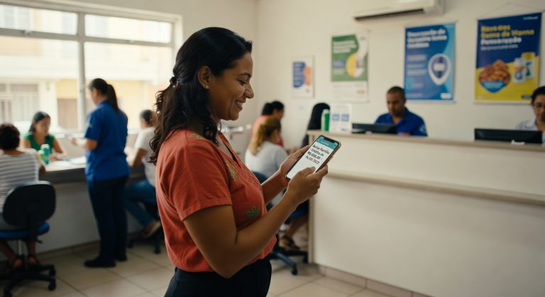 Mulher sorrindo consulta smartphone em agência bancária com atendentes ao fundo, serviços financeiros digitais