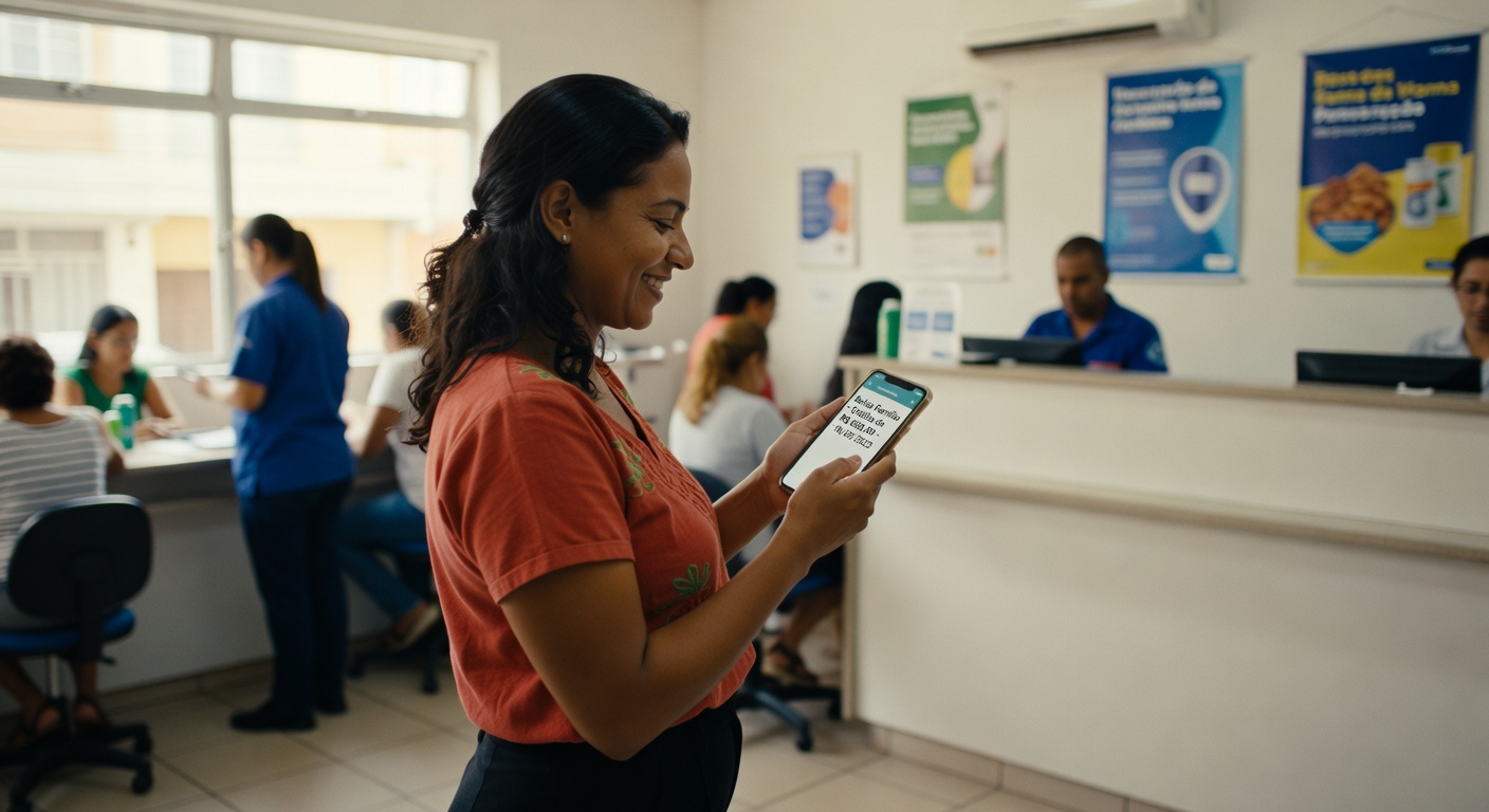 Mulher sorrindo consulta smartphone em agência bancária com atendentes ao fundo, serviços financeiros digitais