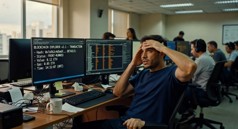 Profissional de tecnologia analisando dados de transação blockchain em monitor duplo em escritório, criptomoedas ethereum