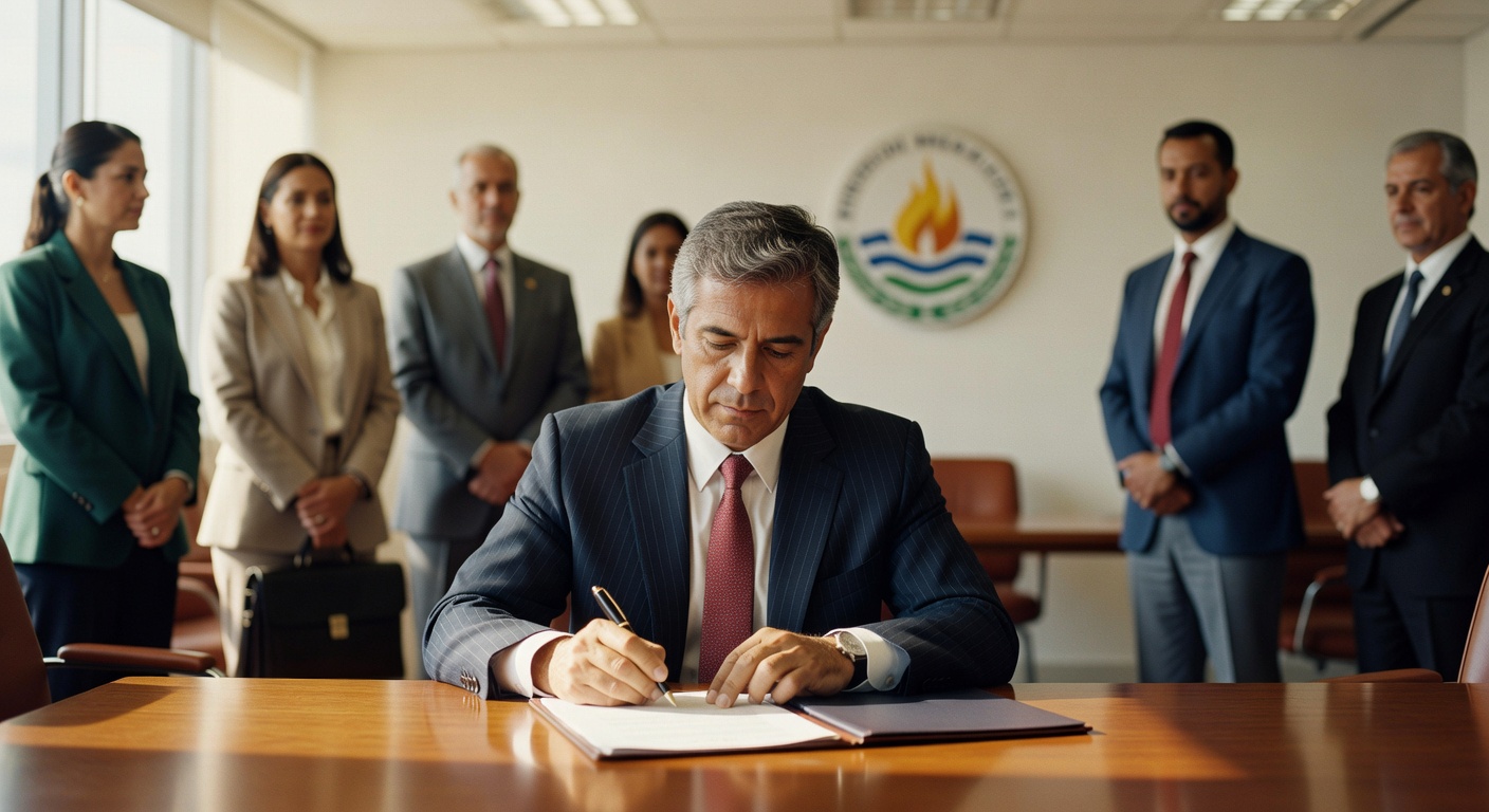 Executivo de terno assinando documento em mesa de madeira com autoridades ao fundo, investimento energia elétrica